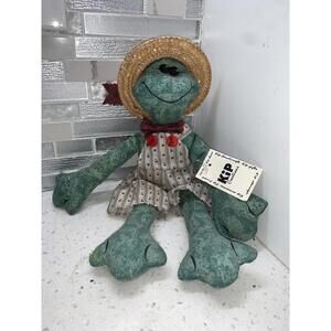 VTG Country Green Collectible Rag Frog Overalls W/Straw Hat Bowtie KIP CREATIONS